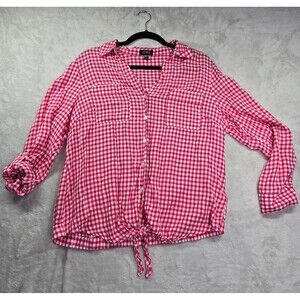 Jones New York Women's L Shirt Top Pink White Gingham Plaid Button Tie Front